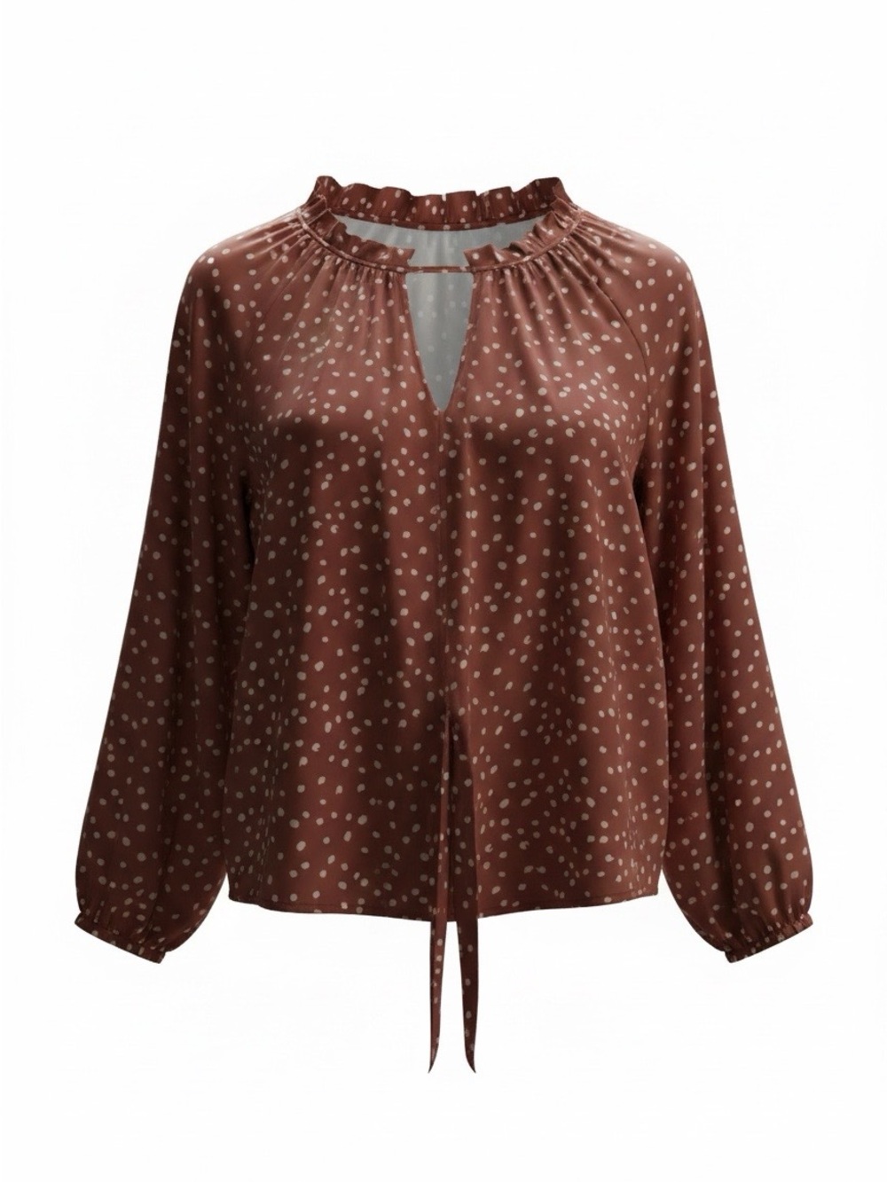 ECLAIR Brown Polka Dot Ruffle-Neck Blouse with Tie Front